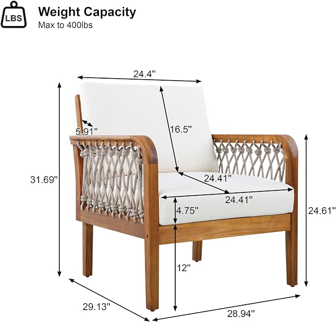 4-Piece Patio Conversation Set, All Weather Sectional Sofa Set w/ 2 Chairs, Loveseat & Round Coffee Table, Acacia Wood Outdoor Furniture Set with Rope Woven Armrests and Cushions (Teak-6.9)