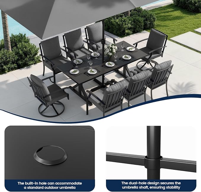 7 Piece Outdoor Dining Set for 6, Metal Patio Table and Chairs with Cushions, Patio Furniture Set with 2 Swivel Chairs, Rectangular Metal Dining Table with Umbrella Hole, Lawn Deck Yard-Grey