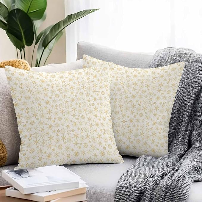 Beige Christmas Outdoor Pillow Cover 26x26 Inch Cushion Sham Case, Country Winter Xmas Snowflakes Simple Waterproof Decorative Square Throw Pillowcase for Outside Garden Patio Porch Couch Chair Tent
