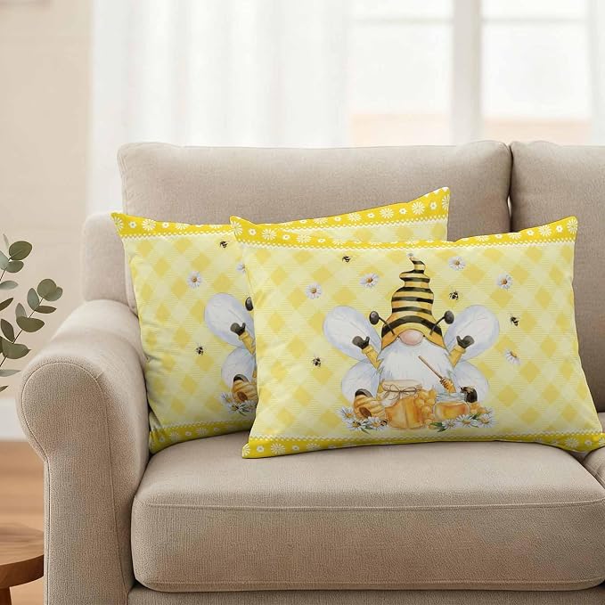 Yukro Honey Gnome Outdoor Waterproof Pillow Covers Pack of 2, Watercolor Honey Bees Floral Yellow Plaid Decorative Throw Pillowcases Cushion Covers for Garden Patio Tent Sofa Couch, 20x12 inch