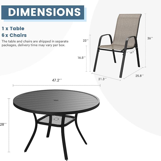 DIFY 7 Piece Outdoor Dining Set, 48" Black Round Metal Patio Table and Brown Textilene Stackable Chairs for 6, All Weather Patio Furniture Set with Umbrella Hole for Backyard Garden Deck