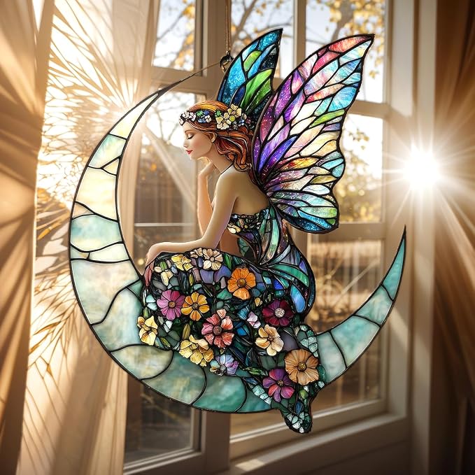 Crescent Moon Fairy Acrylic Suncatcher, Boho Suncatchers for Window Hanging Ornament, Art Garden Decor for Mythical Creatures Lover, Gifts for Mother's Day, Mom, Grandma, Wife, Women, Nana