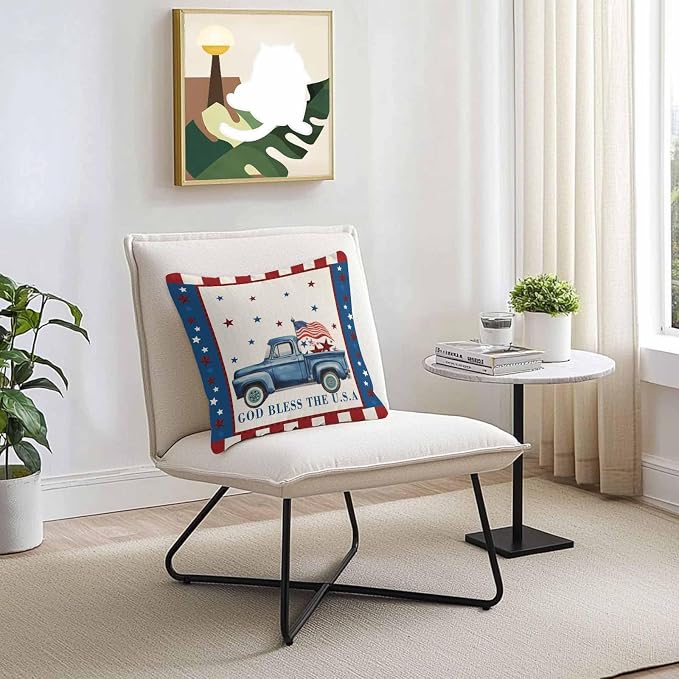Independence Day Outdoor Pillow Covers Set of 2,Farm Blue Truck American Flag Star Decorative Waterproof Throw Pillow Case, Patriotic Red Plaid Cotton Linen Soft Cozy Cushion Pillowcases 20x20In