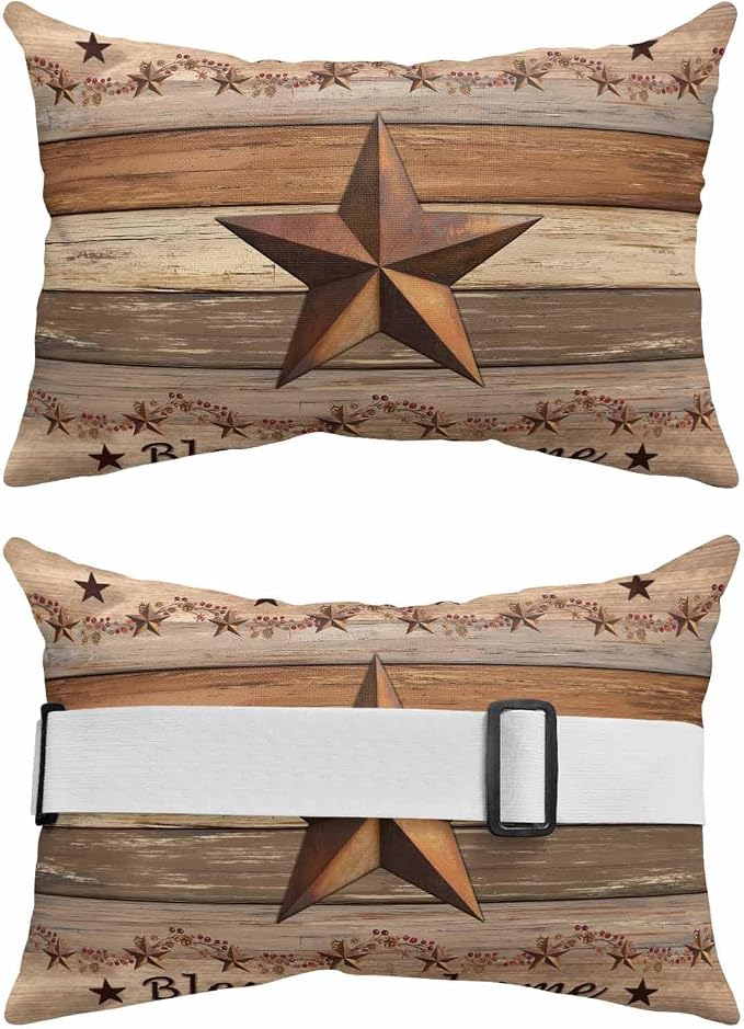 Western Texas Star Retro Outdoor Pillows for Chaise Lounge Chair Lumbar Pillows with Insert&Adjustable Strap Beach Headrest Pillow Vintage Farmhouse Berry Brown Wood Neck Pillow for Pool 12"x20"