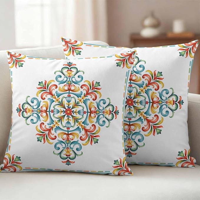 Geometric Flowers Outdoor Pillow Covers 16x16 Inch Throw Pillow Covers Set of 2 Waterproof Decorative Pillow Cases Modern Abstract Colorful Floral Cushion Covers for Patio Furniture Garden Couch Sofa
