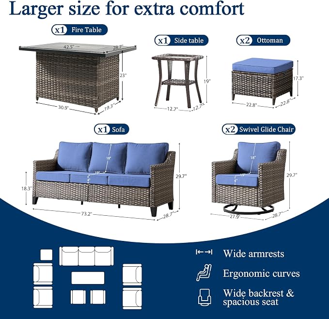 Luxury Patio Furniture Sofa Set - 7 Pieces All Weather Wicker Outdoor Couch and High Back Swivel Rocker Patio Chairs with fire Pit for Deck Yard and Poolside Gray Wicker | Blue Cushions