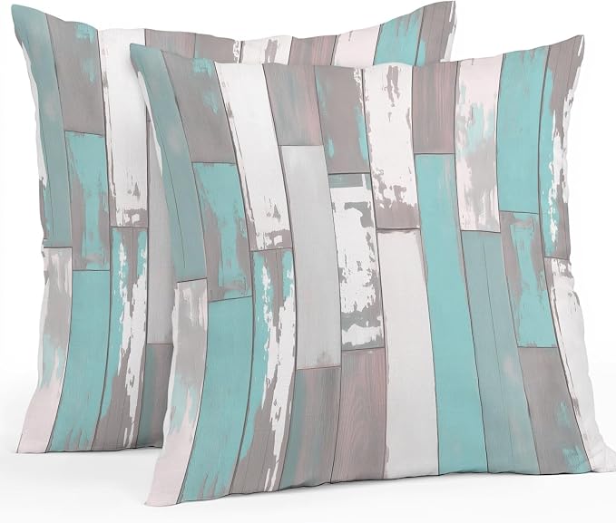Turquoise Gray Outdoor Pillow Covers 24x24 Inch Throw Pillow Covers Set of 2 Waterproof Decorative Pillow Cases Country Retro Mottled Texture Wood Grain Cushion Covers for Patio Furniture Garden Couch
