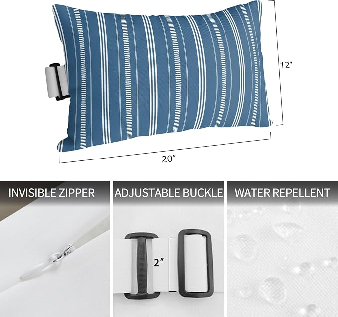 Outdoor Lumbar Pillows 12x20 Set of 2, Boho Sea Blue Waterproof Throw Pillow Covers with Insert, Minimalist Farmhouse Striped Decorative Support Pillows for Lounge, Chaise