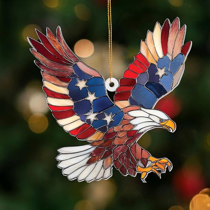 Bald Eagle Patriotic Ornament – Stained Glass American Flag Suncatcher, Acrylic Hanging Decor, USA Pride Home Office Gift, Veterans Independence Day & 4th of July Christmas Tree Ornament (Sun-11)