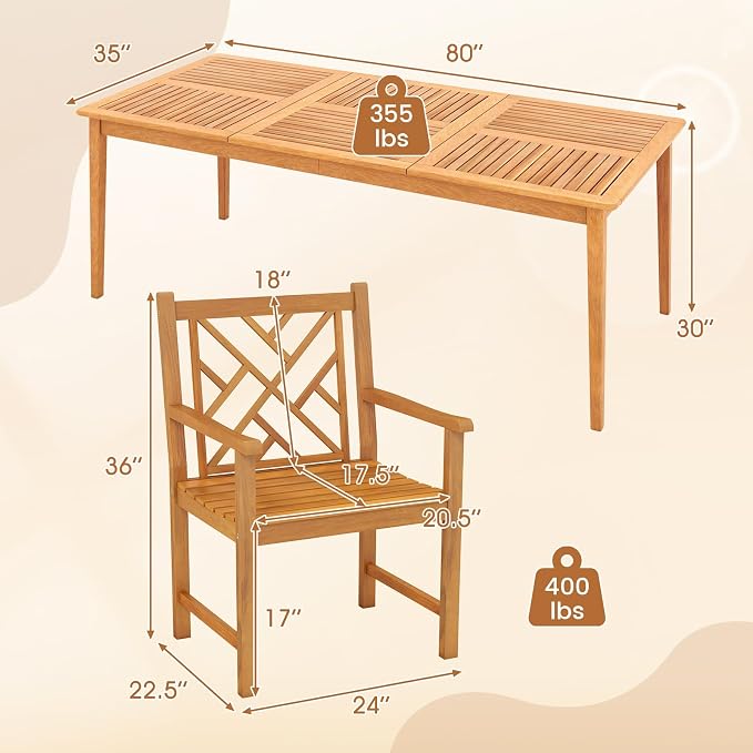 Tangkula 9 Pieces Patio Dining Table Set, Wood Rectangular Dining Table with 1.96” Umbrella Hole and 8 Chairs, Outdoor Dinner Furniture for Garden, Deck, Backyard