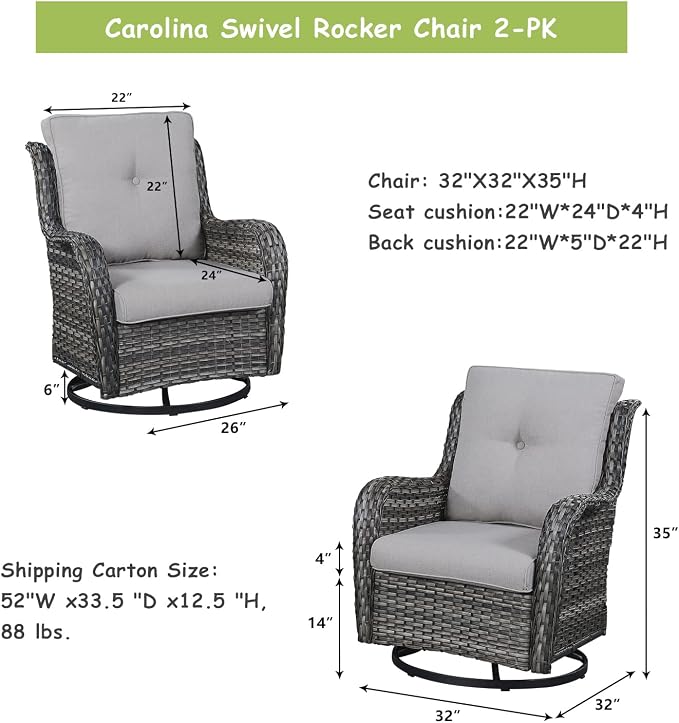 Rilyson Wicker Rocking Chair Swivel Chairs - 2 Piece Rocker Patio Chairs Set Rattan Rocking Chair for Outdoor Porch Deck Garden Backyard (Mixed Grey/Grey)