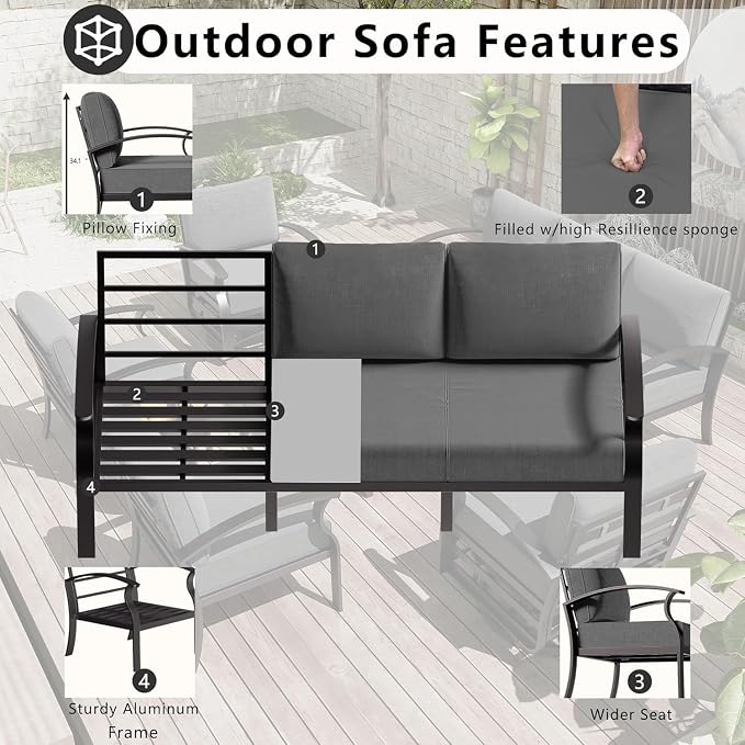 Aluminum Patio Furniture Set with Fire Pit Table, 7 Seats Outdoor Patio Conversation Sets with Swivel Chairs, Modern Metal Sectional Sofa with Upgrade Cushions for Patio, Backyard, Deck - Grey