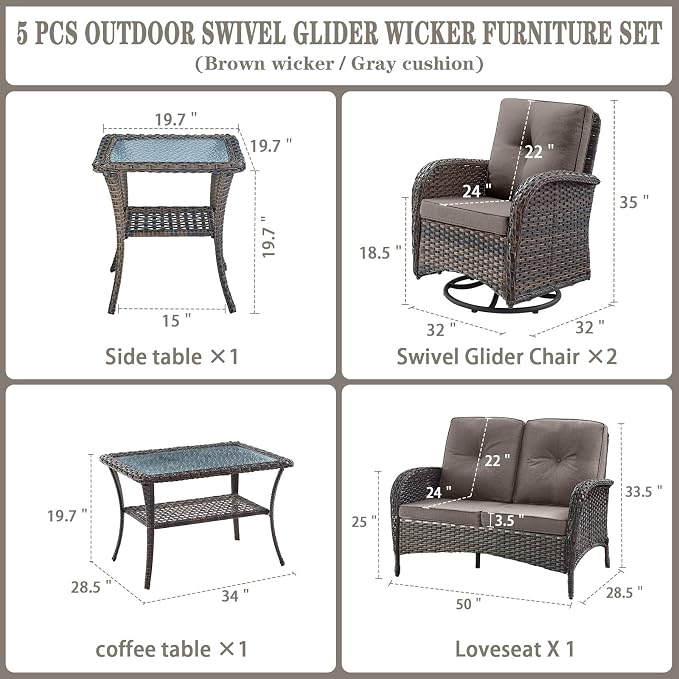 Belord 5 Piece Wicker Patio Furniture Set - Outdoor Conversation Sets with Deep Seating Swivel Rocker Chairs Loveseat and Rattan Coffee Table for Deck Backyard, Brown Wicker/Grey Cushion