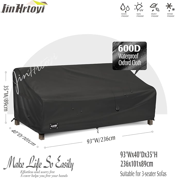 3-Seater Outdoor Couch Cover, 93Wx40Dx35H inches Outdoor Furniture Covers Waterproof,100% Waterproof Heavy Duty Patio Furniture Covers,Black Minimalism Style Outdoor Sofa Cover