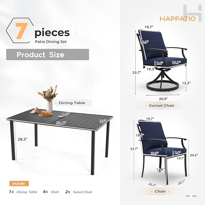 HAPPATIO 7-Piece Patio Dining Set, Outdoor Dining Set with Powder-Coated Metal,Dining Table with Umbrella Hole, 4 Stackable and 2 Swivel Chairs with Removable Cushions for Porch Pool Garden, Navy Blue