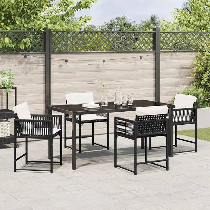 5 Piece Garden Dining Set, Black Poly Rattan Patio Furniture with Glass Table and 4 Chairs for Backyard, Balcony and Outdoor Space