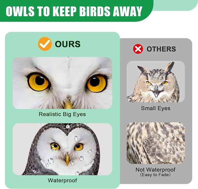 Owls to Keep Birds Away: 3Pcs Fake Owl with Reflective Tape for Orchard Garden Patio Pool, Reflective Hanging Decoration to Keep Birds Pigeon from Windows Tree Vineyard