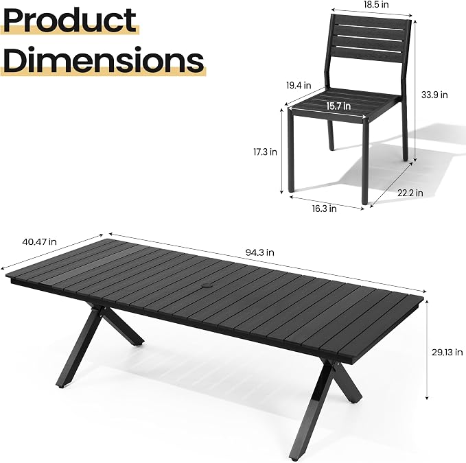 Pellebant Outdoor Dining Set for 8, 9 Pieces Aluminum Patio Table and Stackable Armless Chairs with Umbrella Hole & Wood-Like Top, Black