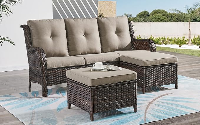 HUMMUH 7 Pieces Patio Furniture Set with Fire Pit Table Outdoor Conversation Set PE Wicker Patio Couch Swivel Glider Chairs Ottomans for Balcony Garden,Lawn,Deck