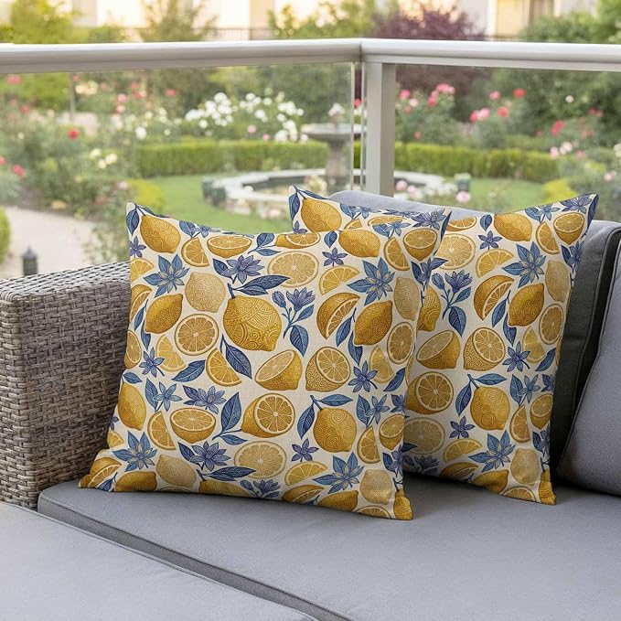 Summer Fruit Outdoor Waterproof Pillow Covers Pack of 2, Watercolor Yellow Lemon Blue Flowers Rustic Retro Throw Pillowcases Decorative Cushion Covers for Garden Patio Tent Sofa Couch, 16x16 inch