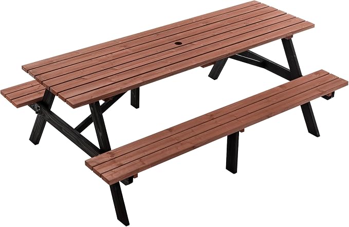 75'' Rectangular Outdoor Dining Table Wooden Patio Dining Table & 2 Built-in Bench for 8, 2" Umbrella Hole, Suitable for Picnic Backyard Garden Porch, Wood Brown