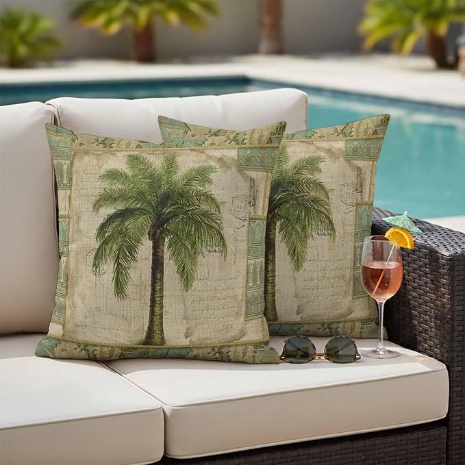 Summer Palm Trees Outdoor Pillow Covers 18"x18" Set of 2, Vintage Brown Tropical Leaves Boho Texture Waterproof Throw Pillow Covers for Patio Furniture, Decorative Cushion Covers for Porch