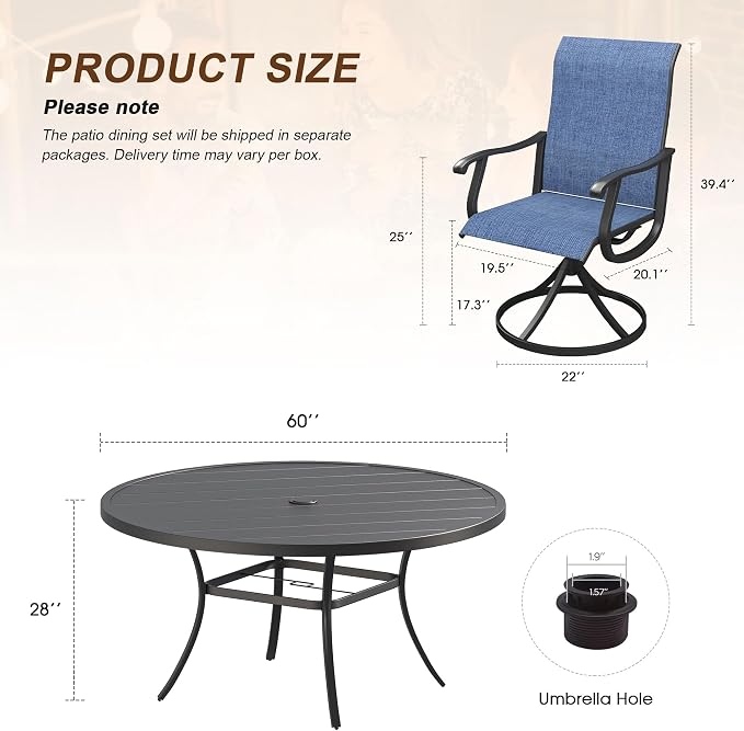 VICLLAX 9 Pieces Outdoor Patio Dining Set, 60" Round Wrought Iron Metal Outdoor Table with Umbrella Hole and 8 Swivel Textilene Chairs for Lawn,Garden,Porch,Black/Dark Blue