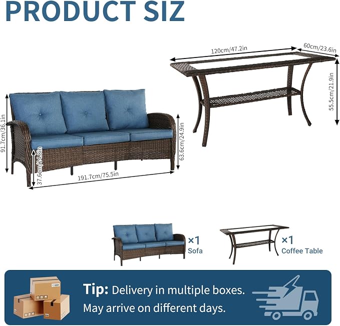 SHGJ&SOFT All Weather Patio Furniture Set, High Back Swivel Rocker Glider Chairs，Ottomans & Glass Tables, Outdoor Conversation Set for Deck Porch Yard Poolside (Blue, 2PCS-Sofa&Table)