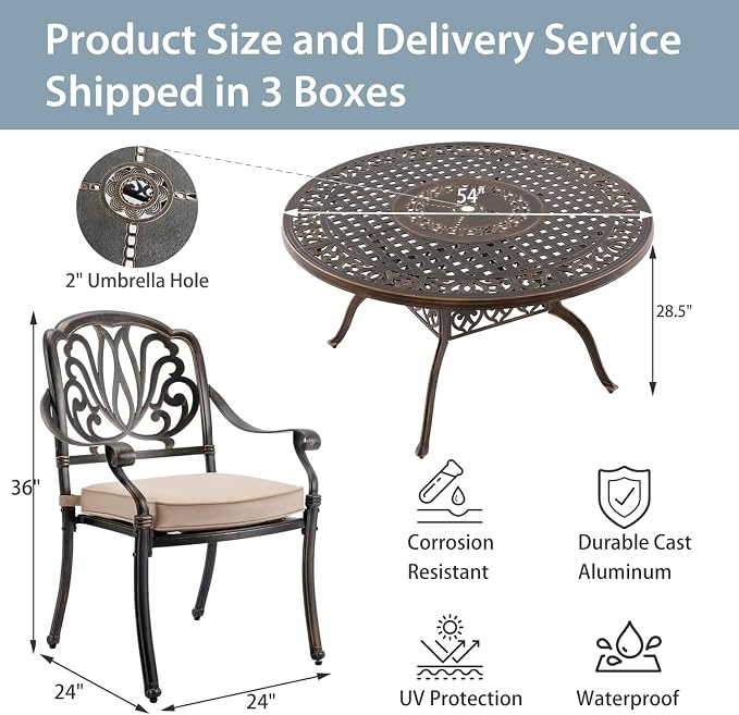 5-Pcs Cast Aluminum Patio Dining Set for 4, 54" Round Table,Bronze | Outdoor Furniture Set Include Dining Table and 4 Stackable Chairs with Cushions & Umbrella Hole