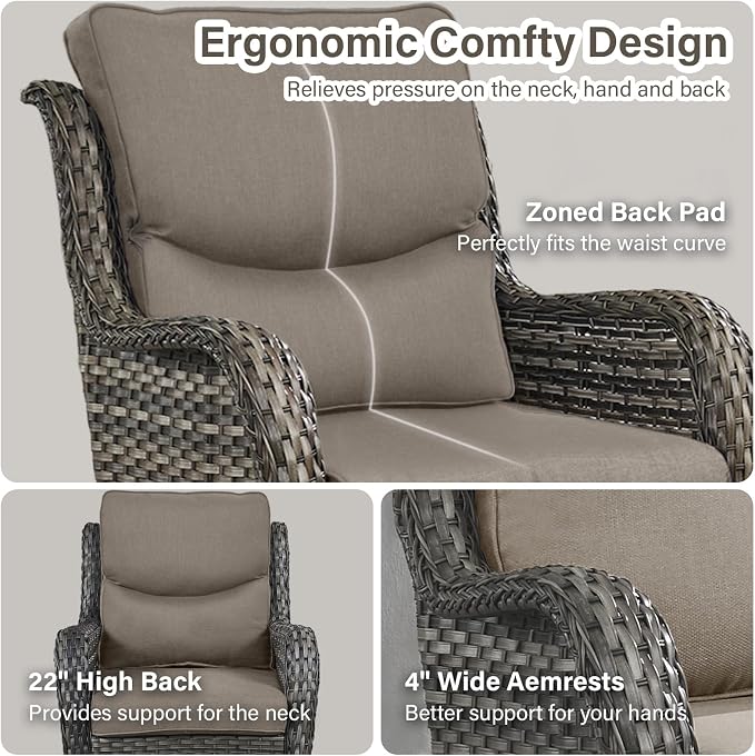 Outdoor Swivel Rocker Patio Chairs Set of 5 with Loveseat - 5" Thick Cushion 5 Piece Furniture Set with Sofa All Weather Wicker Conversation Set for Porch Deck - Grey Wicker | Grey Cushions