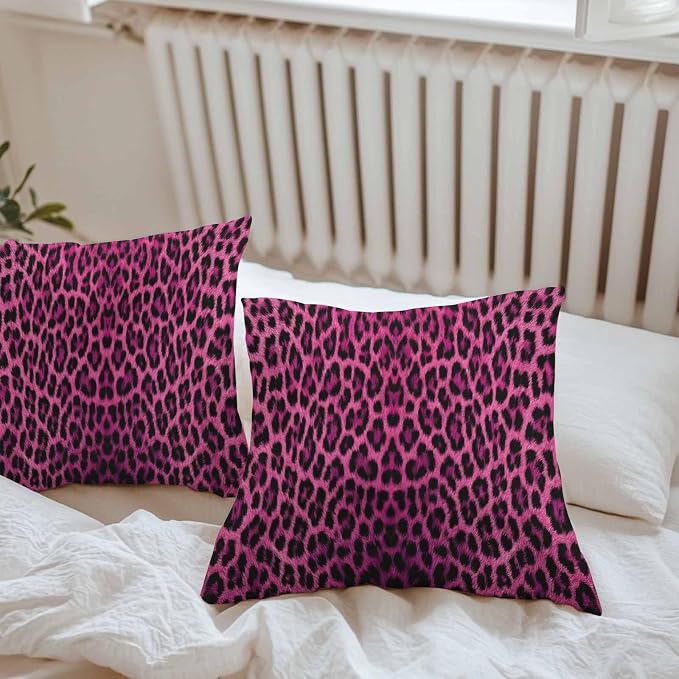 Vandarllin Outdoor Throw Pillows Covers 16x16 inch Set of 2 Waterproof Pink Leopard Print Decorative Zippered Cushion Covers for Patio Furniture, Retro Animal Fur Pattern Lumbar Pillowcases