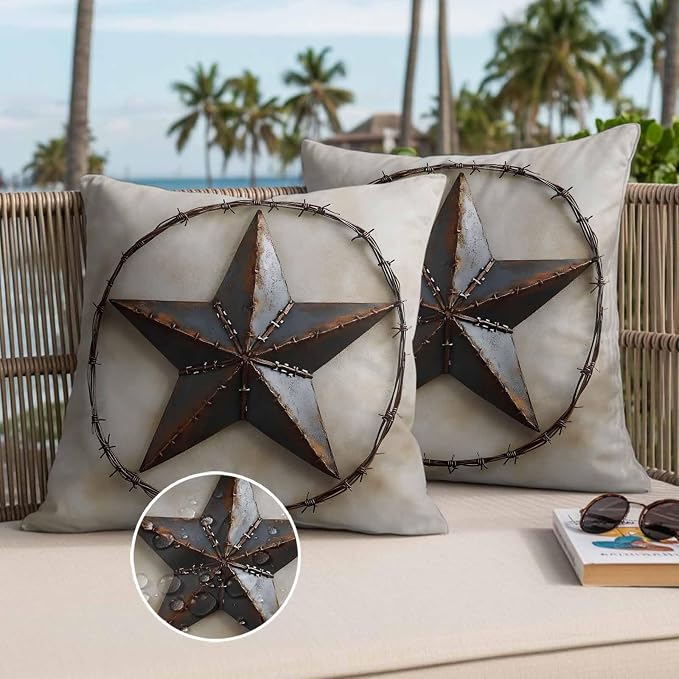 Farmhouse Vintage Waterproof Outdoor Pillow Covers Set of 2 Home Decor, Country Western Texas Star Aesthetic Pillowcase Patio Pillow Covers for Couch Bench Furniture Garden 16x16in