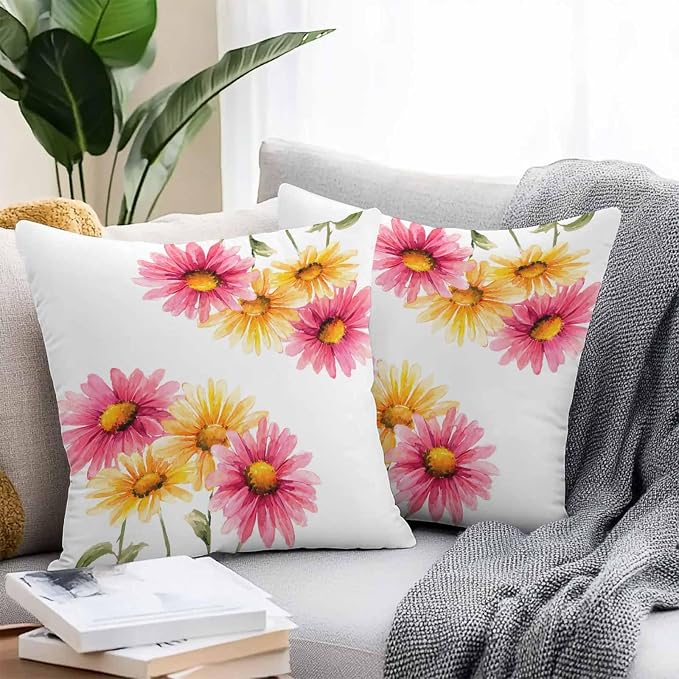 Yellow Pink Daisy Outdoor Pillow Covers 26"x26" Set of 2, Rustic Farmhouse Boho Wildflowers Waterproof Throw Pillow Covers for Patio Furniture, Decorative Cushion Covers for Porch