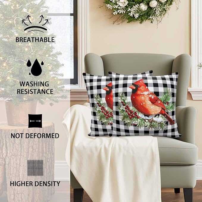 Vandarllin Christmas Outdoor Throw Pillows Covers 18X18 Set of 2 Waterproof Red Cardinals Decorative Zippered Lumbar Cushion Covers for Patio Furniture, White Black Buffalo Check Plaid