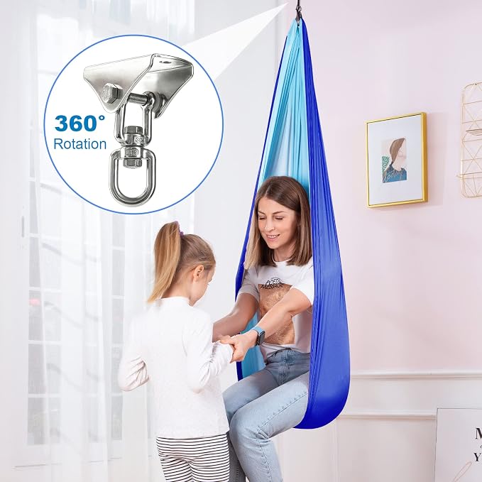 Therapy Swing Hammock Kids Cuddle Sensory Swing Indoor Therapeutic Hammock 360° Rotating Double Layer Elastic Rocking Cloth Swing Gifts for Children with ADHD SPD Asperger Autism (Blue+Sky Blue)