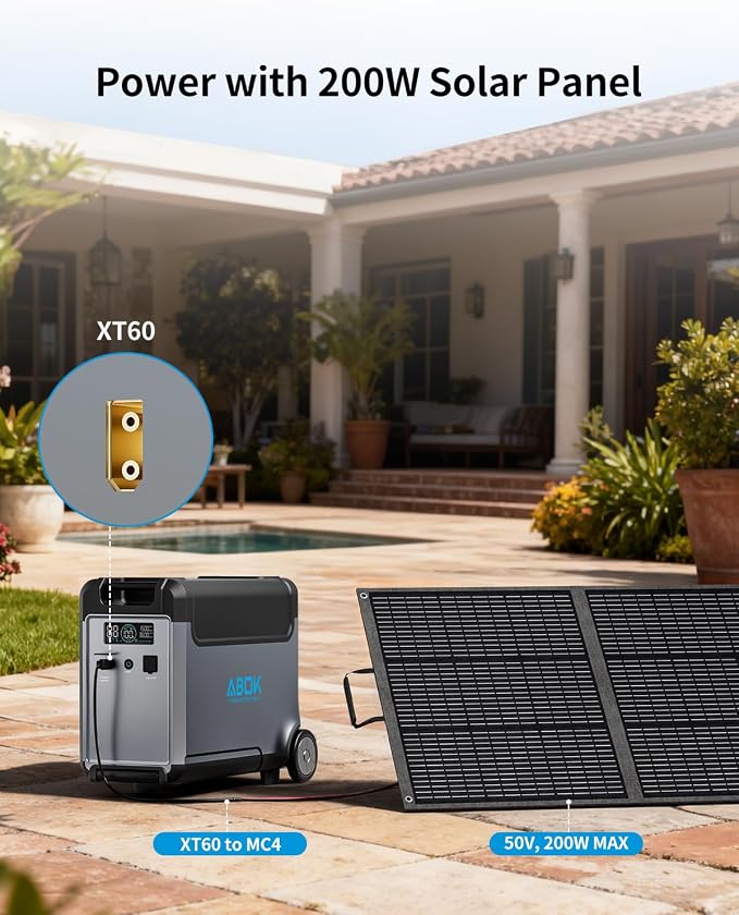ABOK Ark3600 Portable Power Station Extra Battery with 200W Solar Panel for Ark3600, 3840Wh LiFePO4 Battery, 3600W Solar Generator for Garage, Home, Off-Grid Living, Camping, RV