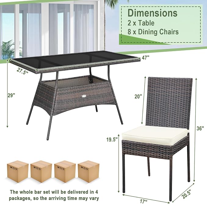 10 Pieces Patio Wicker Dining Set Outdoor Furniture, Outdoor Rattan Table and Chairs with Tempered Glass Table-top & Padded Cushions, Patio Furniture Sets for Backyard, Balcony (Brown)