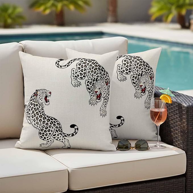 Vandarllin Outdoor Throw Pillows Covers 24x24 inch Set of 2 Waterproof Linen Leopard Decorative Zippered Cushion Covers for Patio Furniture, Bohemian Animal Print Lumbar Pillowcases