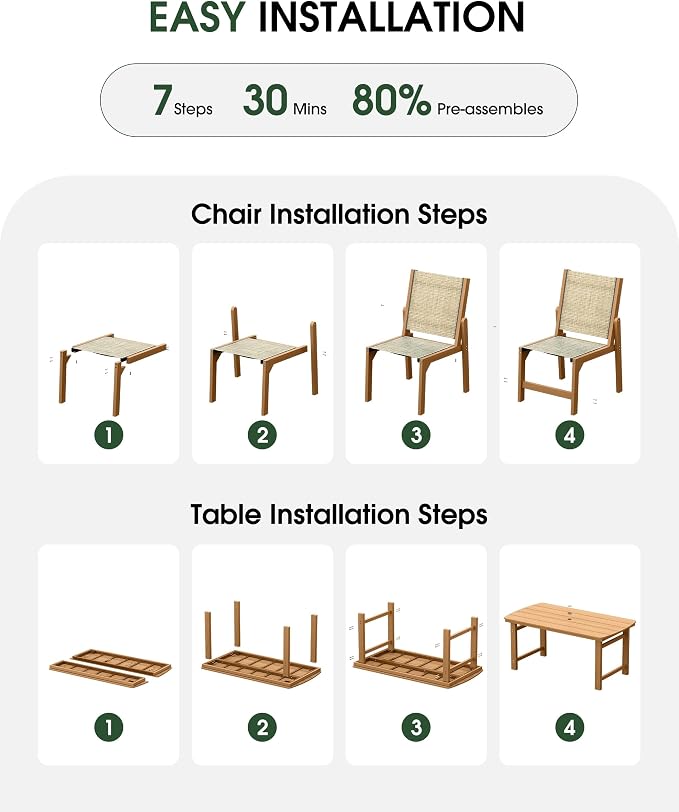 HDPE Outdoor Patio Dining Set with Table & 6 Stackable Armless Textilene Chairs, All-Weather 7-Piece Dining Table Set with Umbrella Hole, Patio Furniture for Garden, Poolside, Backyard, Deck | Teak