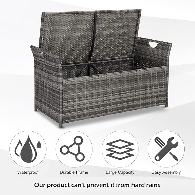 VINGLI 40 Gallon Wicker Storage Bench, Patio Cushion Storage Box with Side Handles, Rattan Deck Box for Garden Tools, Cushions, Outdoor Patio Deck Box for Garden, Poolside, Grey