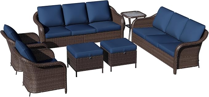 7 Piece Patio Wicker Conversation Set, 2 All-Weather Use Outdoor Wicker Sofa with 2 PE Rattan Ottomans,2 Chair, 1 Side Table, Ideal for Porch, Backyard, Balcony, Poolside, Blue