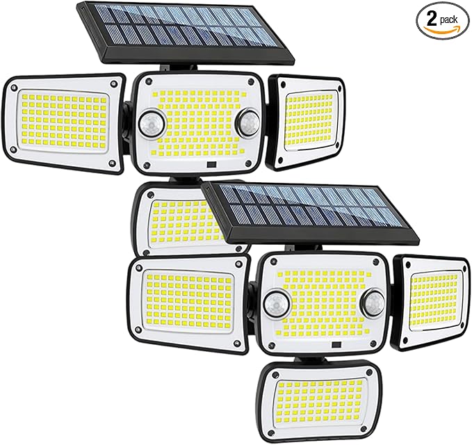 Solar Outdoor Lights, LED Motion Sensor Security Lights, IP65 Waterproof Solar Powered Security Flood Lights, 270°Wide Lighting Angle Wall Light with Sensors for Backyard Yard (2, Black)