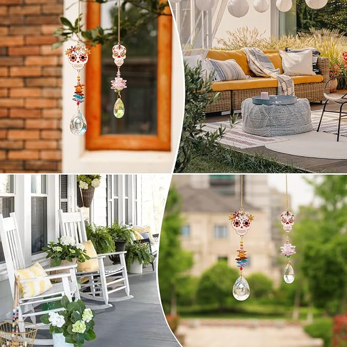2 Pcs Skull Rhinestone Crystal Pendant Chandelier Suncatcher Hanging Decor | Crystal Bead Chain Suncatcher with Skull Rhinestone Pendant for Chandelier Window Wedding Party Decor Accent