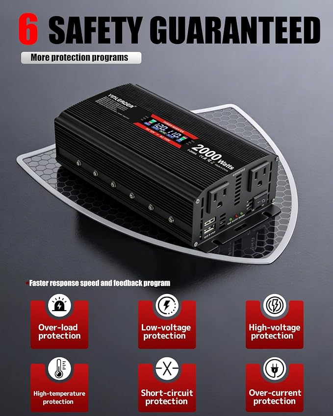 2000 watt Inverter 12V to 110V/120V, dc to ac Inverter 2000W with Intelligent LCD Display Dual AC Outlets Dual USB Charging Port for RV Truck Laptop (Black)