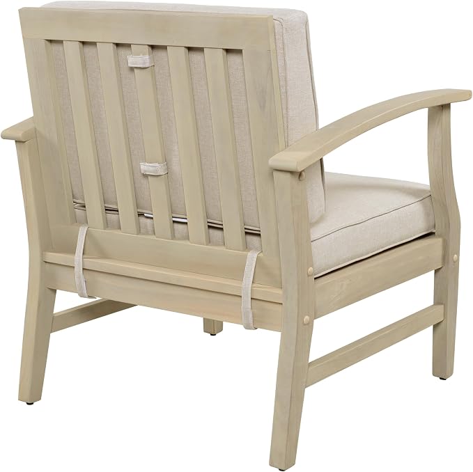 Christopher Knight Home Perla Set of 2 Acacia Wood Club Chair and Coffee Table, 3 Piece Patio Bistro Set, Solid Wood Outdoor Patio Furniture Set with Center Table, Light White+Sand