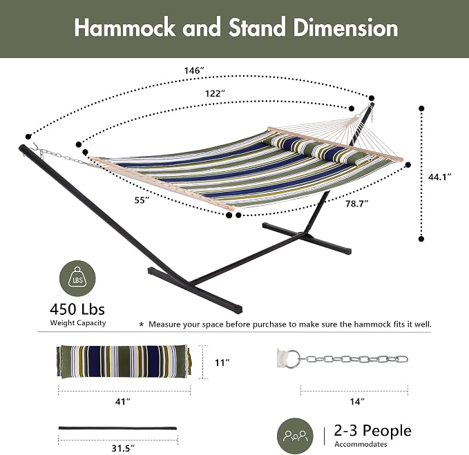 ANOW Double Hammock with Stand 12FT, Heavy Duty Hammocks with Stand for Outside, 450 LBS Weight Capacity, Blue & Green Stripes
