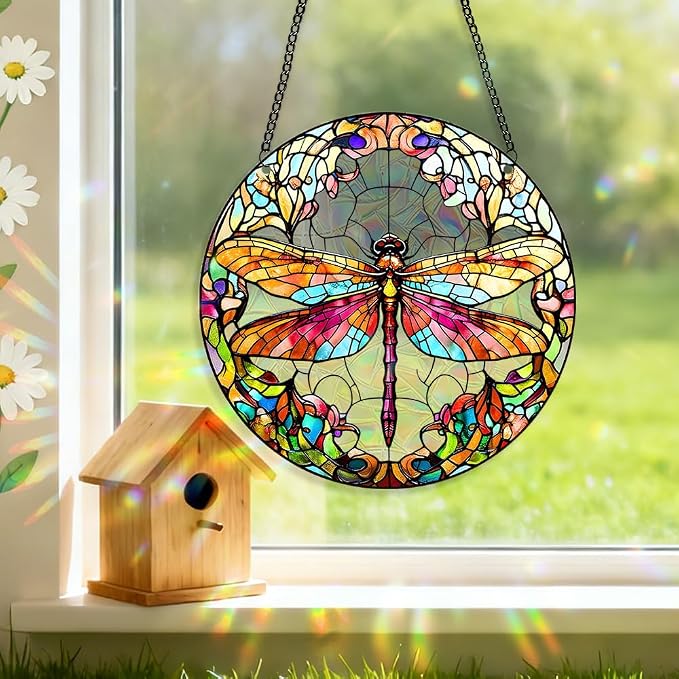 Acrylic Suncatcher Window Hanging, Dragonfly Sun Catcher Rainbow Indoor Window Decoration for Living Room Bedroom, Unique Gift for Mom Wife & Friends, 7.87 x 7.87 inches (I134)
