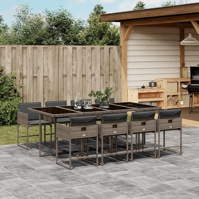 9 pcs Set Patio Dining Set & Garden Dining Set Gray PE Rattan Outdoor Patio Furniture Set Balcony Furniture for Front Porch Lawn Backyard 86.6 x 41.7 x 28.7 in