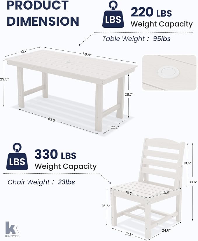 KINGYES 7-Piece Patio Dining Set, HDPE Table and Armless Chairs Outdoor Furniture Set with Umbrella Hole, White