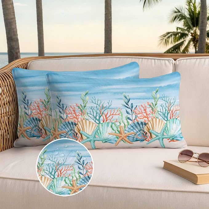 Lumbar Pillow Covers 20x12 Inch Set of 2, Summer Nautical Waterproof Outdoor Pillow Covers, Coastal Beach Starfish Coral Shell Blue Decorative Cushion Pillowcases for Couch, Sofa, Bed, Garden, Patio